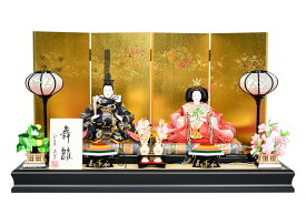 平安道翠 雛人形 宝づくし 西陣織金襴 秀芥子親王 四曲屏風京箔花丸 黒サテン平台 親王飾り 平飾り ひな人形 コンパクト [間口60cm]