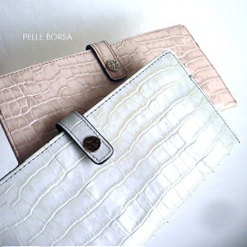 PELLE BORSA ペレボルサ 長財布 クロコ型押し レザー スリムウォレット 5128 Cocco Piccolo アイボリー/ピンク/ネイビー/カーキ/パープル