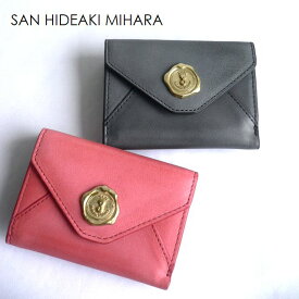 レザークリームプレゼント SAN HIDEAKI MIHARA サンヒデアキミハラ ゴート 牛革 3つ折り 折り財布 ミニウォレット SMO-DVC グレー/ピンク