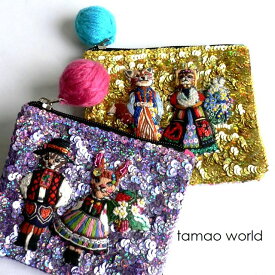 tamao world タマオワールド スパンコール 刺繍 ポーチ Folklore animals POC 3414 3415 猫/ネコ/キツネ/ウサギ/パープル/ゴールド