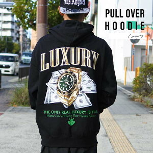 パーカー メンズ 長袖 フーディー HOODIE LUXURY ラグジュアリー 時計 ブラック ゴールド 大きめ ドル アメリカ紙幣 $ ダラー プルオーバー スウェット チカーノ ローライダー Lowrider 黒 トップ
