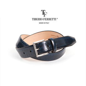 【楽天スーパーセール】TIBERIO FERRETTI / ティベリオフェレッティ コードバン加工＆パフォレーション ドレスベルト 上質カーフレザー(9650) 30mm ハンドメイド仕上げアンティーク加工 ブルーxダークネイビー