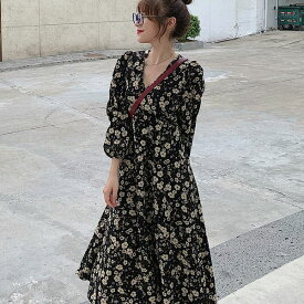 シフォン マキシ丈 レトロ ワンピース 花柄 ロング ドレス 大きいサイズ