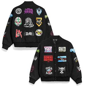 �C�O��� WWE �W���P�b�g WWE SUPERSTAR LOGOS VARSITY JACKET BLACK CHALK LINE �u���b�N �`���[�N���C�� ���[ �X�}�b�N�_�E�� RAW SMACKDOWN �v�����X �����Y ���f�B�[�X ���b�X���}�j�A