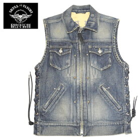 SKULL FLIGHT スカルフライト サイドジップベスト ダメージ デニム フルカラー DENIM CLUB ZIP VEST FULL COLLAR DAMAGE バイカー アメカジ ハーレー 送料無料