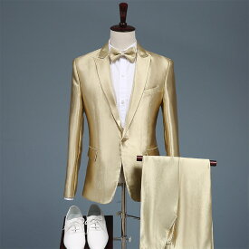 ゴールド　メンズスーツ　スーツセット　上下セット　タキシード　メンズ タキシードフォーマル　演出舞台　結婚式/パーティ/司会　スーツ/ズボンの2点セット　大きいサイズ有り