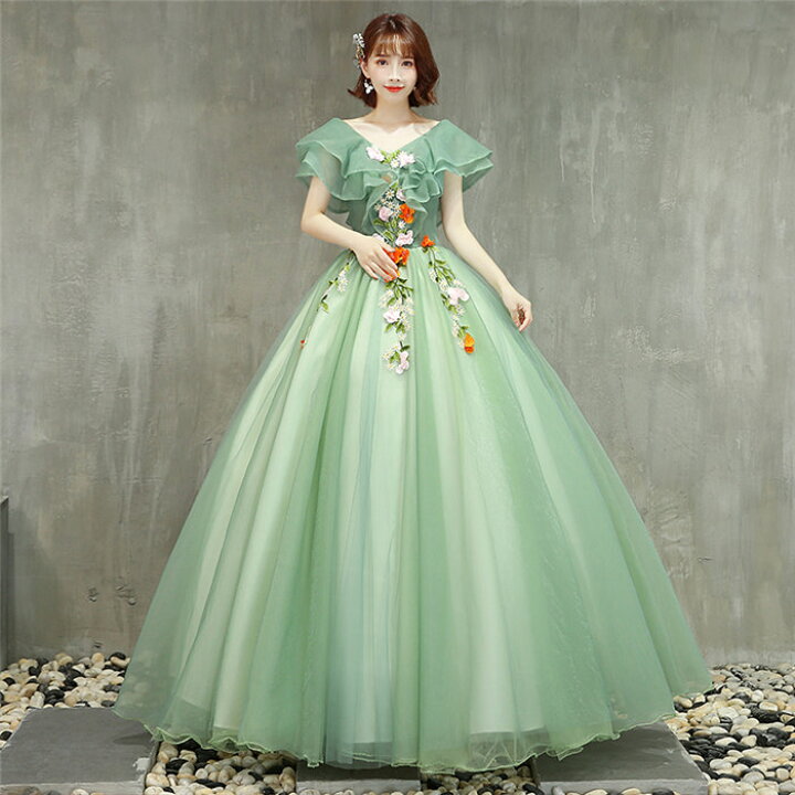 楽天市場 グリーン カラードレス 二次会ドレス パーティードレス ウェディングドレス 演出舞台 発表会 演奏会用ドレス ロングドレス プリンセスライン ステージ衣装 二次会 花嫁衣裳にも ドリーム洋服屋