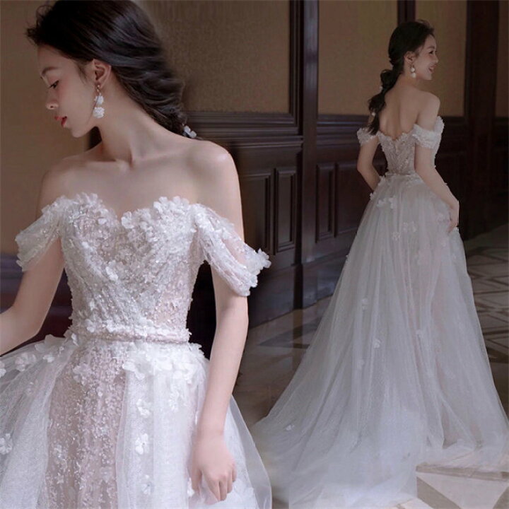 立体フラワーチュールドレス Aライン 前撮り 結婚式 二次会 XS（楽天  