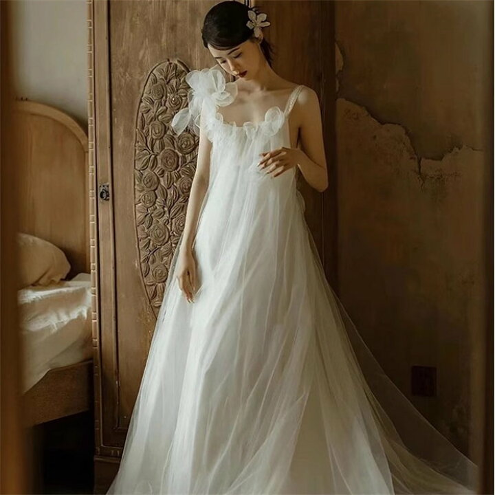 楽天市場】ホワイト ロング ウェディングドレス 肩リボン 花嫁 結婚式  