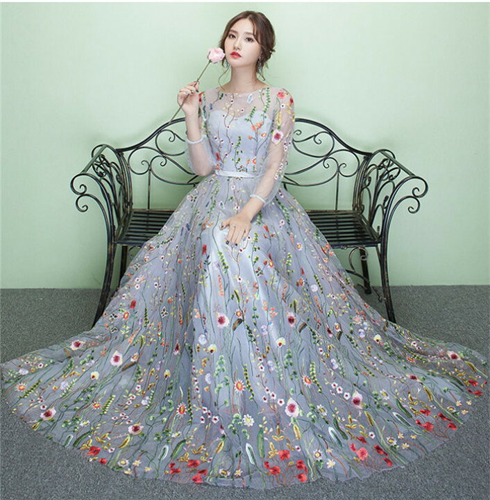 楽天市場】即納 2色展開 長袖 刺繍 レース マキシ丈 花柄 ロングドレス 