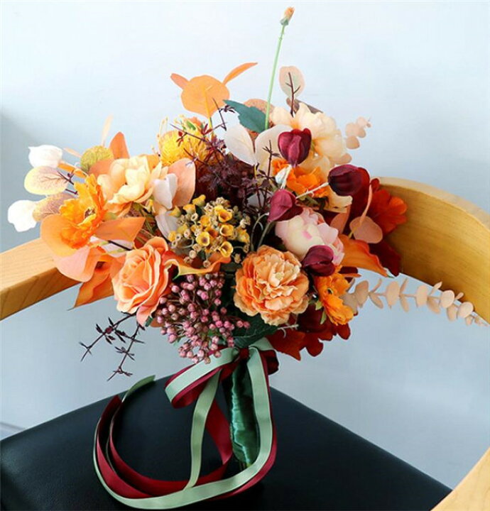 オレンジ ブーケ ラウンドブーケ ウェディングブーケ ブライダルブーケ 造花ブーケ