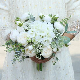 ホワイト　バラ【ブーケ】ウエディングブーケ 花嫁 ブーケ 手作り ウェディングブーケ 結婚式 ブライダルブーケ 造花 二次会 エレガント 海外挙式 【長さ約30cm、高さ28cm】
