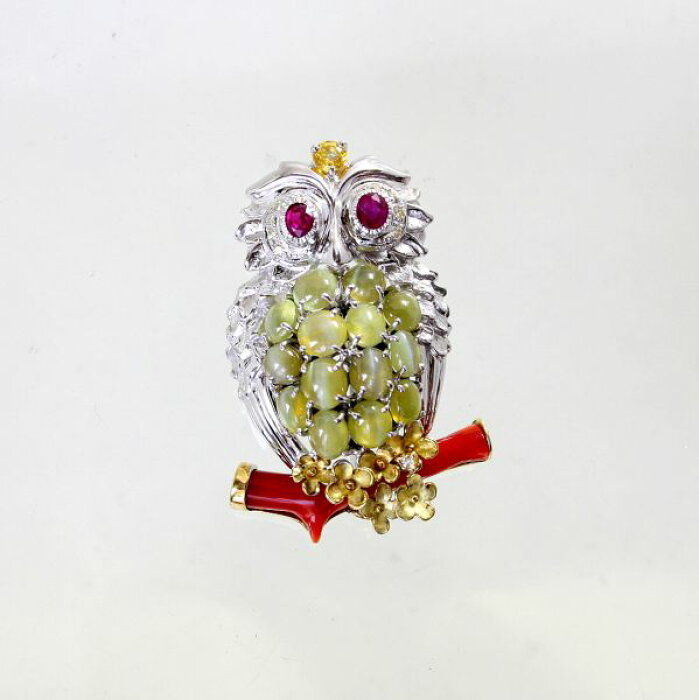 中古 １８金wg Yg フクロウデザイン ブローチ兼ペンダント