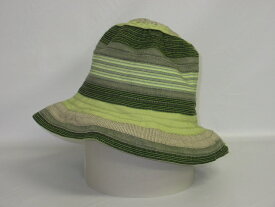 【中古】　フェリシオベッキ　ボーダーハット　グリーン系　Made in Italy　　　　　　Ferruccio Vecchi　イタリア製　婦人帽　帽子　ハット　　　　　　レディース　UV対策　コットン　ポリエステル