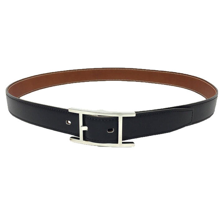 □美品□ エルメス Hバックル ベルト レザー GP 黒 茶 ゴールド □O刻  