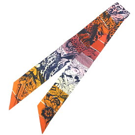 HERMES　エルメス　ツイリー スカーフ　ジャングル・ラブ　レインボー　Jungle Love Rainbow 2019年 春夏　Twilly Scarf　オレンジ/アンクル/ビューローズ　ヒョウ　シルク100％【中古】エルメス　シルクスカーフ aq8362