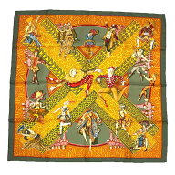 HERMES エルメス スカーフ カレ90 LES BALLETS RUSSES ロシアバレエ シルク カーキ×オレンジ【美品】【…