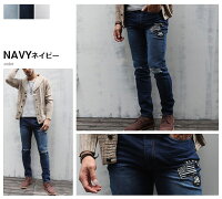 ニークラッシュスキニーデニムメンズジーンズダメージクラッシュワッペンストレッチデニムパンツ秋冬新作クラッシュデニムメンズ