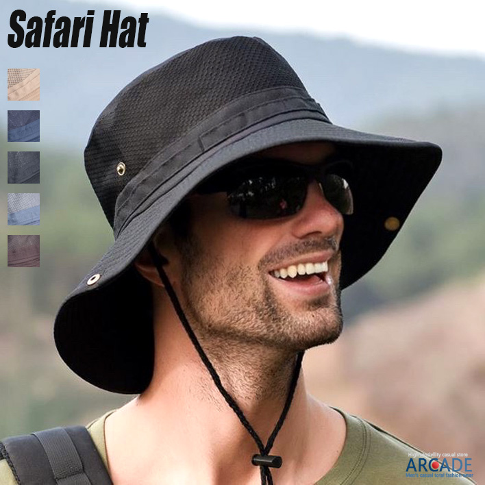 送料無料 帽子 メンズ メッシュ サファリハット アウトドア アドベンチャーハット UVカット 紫外線対策 裏メッシュ 日よけ 日焼け防止  折りたたみ バケットハット ARCADE（アーケード）