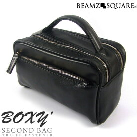 サフィアーノレザー セカンドバッグ メンズ ボックス型 BEAMZ SQUARE 牛革 男性用 レザー 鞄 ブランド ブラック