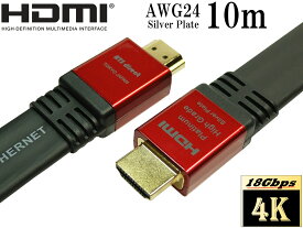 4K2K 60p 4.4.4 HDR 18Gbps動作保証 HDMIケーブル 10m Flatタイプ High speed with ethernet【AWG24 銀メッキ導体】プラチナム ハイグレード ★送料無料★