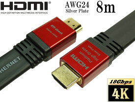 4K2K 60p 4.4.4 HDR 18Gbps動作保証 HDMIケーブル 8m Flatタイプ High speed with ethernet【AWG24 銀メッキ導体】プラチナム ハイグレード ★送料無料★