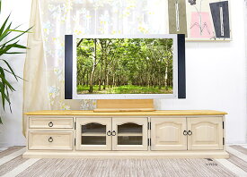 フレンチカントリー ローボード テレビボード 180cm幅 白いカントリー調 無垢木製のテレビ台 リング取手 高さ40cmのテレビボード カントリーテイストの可愛いテレビボード