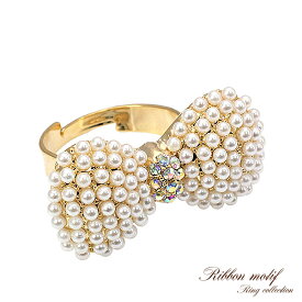 リボン リング 乙女 小粒 パール オーロラ クリスタル 大人気 ビッグ accessory 指輪 アクセサリー 真珠 ゴールド ホワイト ring Pearl accessory お出かけ パーティー ドレス デート お食事 大きめ ゆびわ ユニセックス お姉さん white りんぐ り [ 指輪 おしゃれ ]