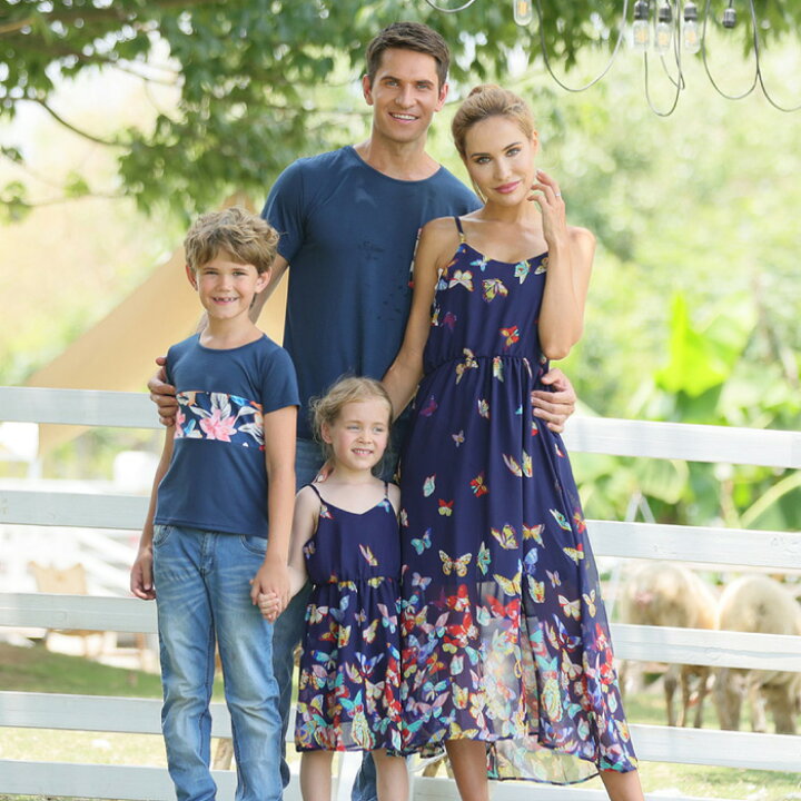 楽天市場】リンクコーデ 親子 ネイビー 蝶 セット リゾート ワンピース  