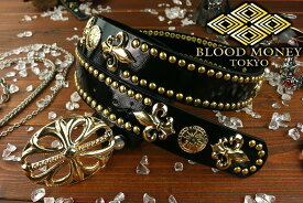ユリ×スタッズ ベルト ブラック×ゴールド BLOOD MONEY TOKYO ブラッドマネートーキョー mbt-22011 ツヤあり 黒 メンズ ファッション ヤクザ ヤンキー オラオラ系 派手