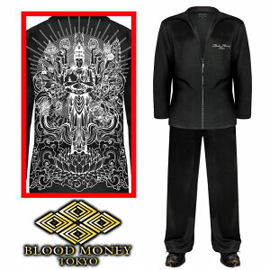 セットアップジャージ (長袖+長ズボン) 服 BLOOD MONEY TOKYO ブラッドマネートーキョー 千手観音 和柄 mbt-22009 黒 白 メンズ ファッション ヤクザ ヤンキー オラオラ系 派手 上下組