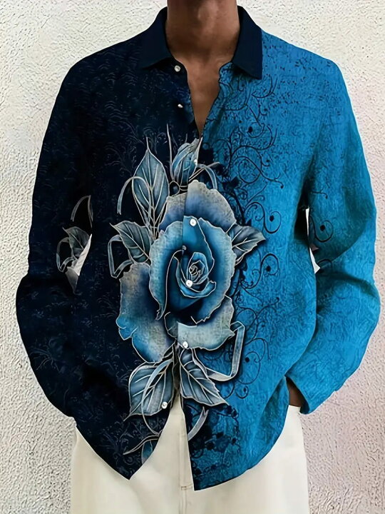 薔薇柄 ドレスシャツ 長袖シャツ 276 黒 派手 Yシャツ 柄シャツ スーツ 