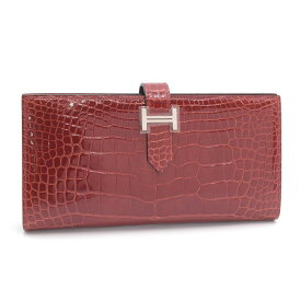 [返品OK] エルメス ベアンスフレ □Q刻印 2013年 アリゲーターシャイン ルージュアッシュ シルバー金具 二つ折り長財布 2つ折り長財布 【中古】【送料無料】