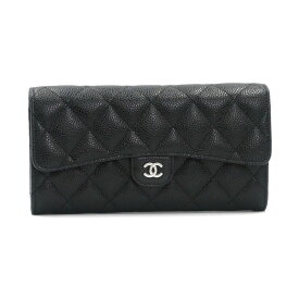 [返品OK] シャネル ロングフラップウォレット AP0241 キャビアスキン ブラック シルバー金具 長財布 ロングウォレット ココマーク CC 【中古】【送料無料】