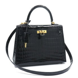 [返品OK] エルメス ケリー25 U刻印 2022年製 ニロティカス ブラック クロコダイル リセ ゴールド金具 ハンドバッグ 外縫い 黒 艶あり 【中古】【送料無料】