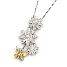[返品OK] 0.82ct天然ダイヤモンドネックレス K18WG K18YG パヴェダイヤネックレス フラワーモチーフ 蝶 ホワイトゴールド 地金9.3g 【中古】【送料無料】