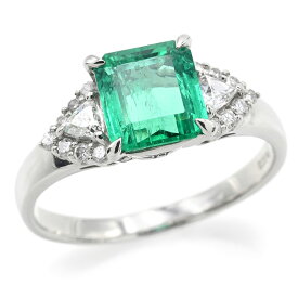 [返品OK] 1.3ct天然エメラルドリング 16号 Pt900 0.28ct天然ダイヤモンド エメラルドカット 四角形 グリーン 指輪 プラチナ 地金5.0g 【中古】【送料無料】