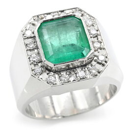 [返品OK] 3.43ct天然エメラルド 印台リング 20号 Pt900 0.35ct天然ダイヤモンド スクエア 八角形 グリーン 指輪 プラチナ 地金39.1g 【中古】【送料無料】