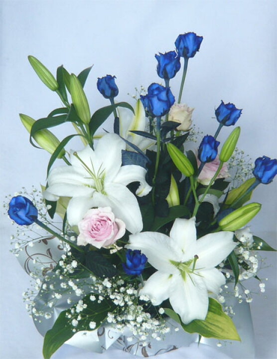 楽天市場 ブルーローズとユリのアレンジメント 青いバラ 誕生日 花 フラワーギフト ブルーマート