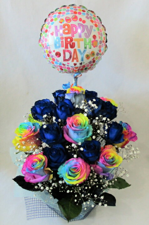 楽天市場 バルーンフラワー レインボーローズ ブルーローズのアレンジメント 送料無料 レインボーローズの花言葉 無限の可能性 奇跡 結婚祝い 花 誕生日 花 七色のバラ フラワーギフト ブルーマート