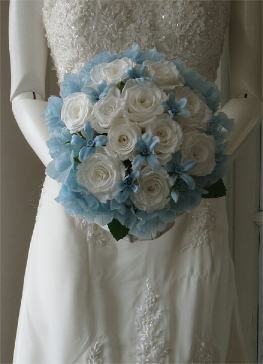 プリザーブドフラワー ウエディングブーケ ブライダルブーケ ホワイト パウダーブルー アジサイブーケ