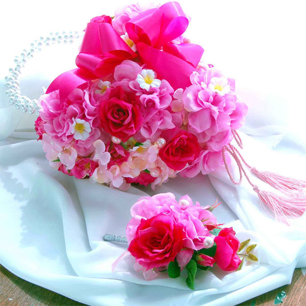 造花ブーケ バッグブーケ ウエディングブーケ/ラージダリアバッグブーケ ピンク 和装にもお勧め【両面使用できます】