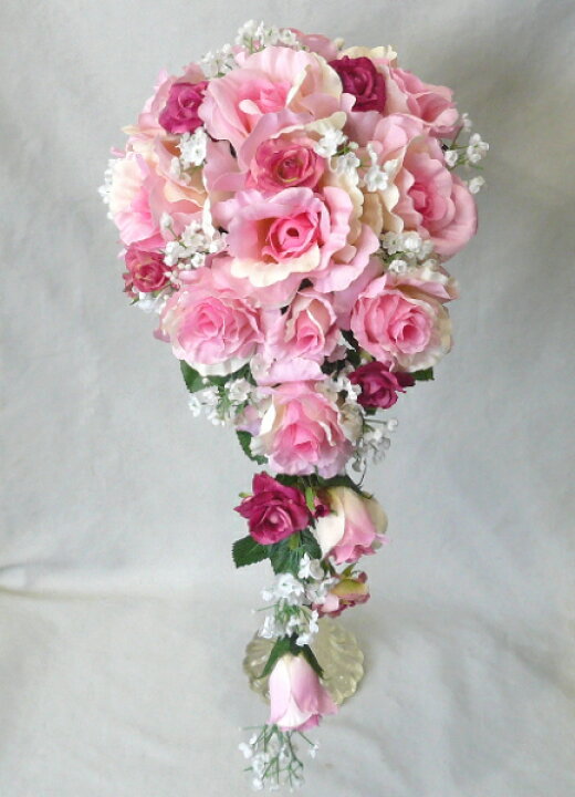 楽天市場 ウエディングブーケ ブライダルブーケ ピンクバラ かすみ草 キャスケードブーケ 濃いピンクのミニバラ付き ブートニア付き Bouqet p30may15 フラワーギフト ブルーマート