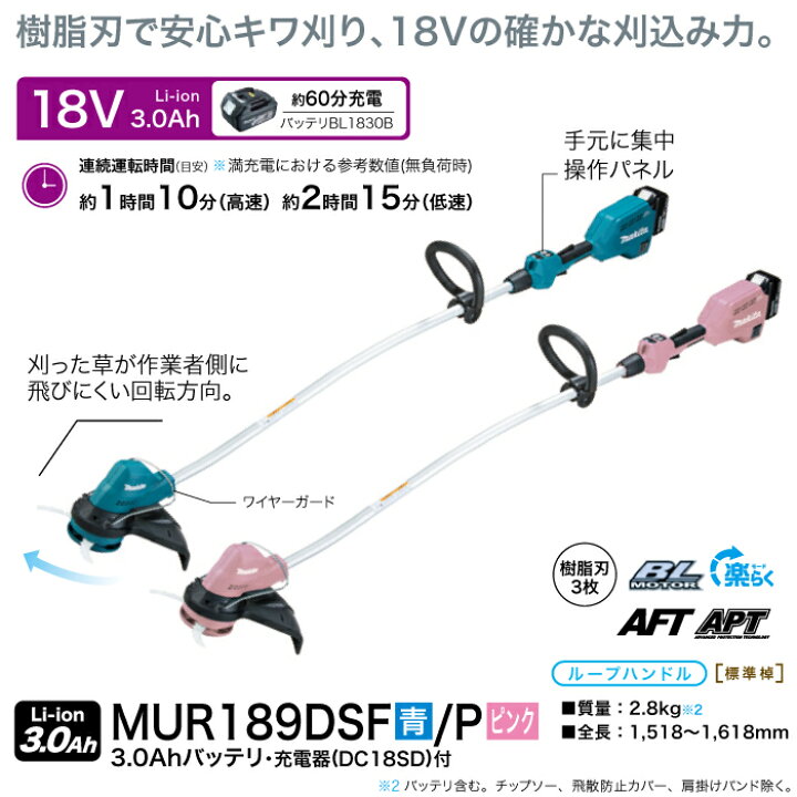 楽天市場】マキタ 充電式 草刈機 18V MUR189DSF 青 MUR189DSFP ピンク 