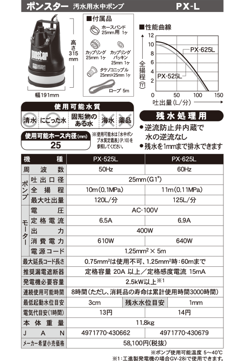 楽天市場】工進 水中 ポンプ モーター PX-525L PX-625L AC100V 100V
