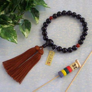 男性用用略式唐木(木製)数珠 京念珠■黒檀(こくたん)22玉二天瑪瑙(めのう)■正絹(シルク)頭房 【桐箱付】