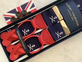 英国製 サスペンダーアルバートサーストンネイビージャガードに白ドクロwith赤色エンドB008
