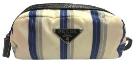 プラダ ポーチ ナイロン ストライプ コスメポーチ 化粧ポーチ ブルー ホワイト レディース PRADA 【中古】