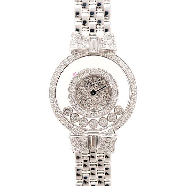 ショパール 時計 レディース ハッピーダイヤモンド リボン 2重ダイヤベゼル 7ポイントムービング ダイヤ文字盤 Chopard 750WG  20-5020【中古】 | ＢｒａｎｄＭａｘ