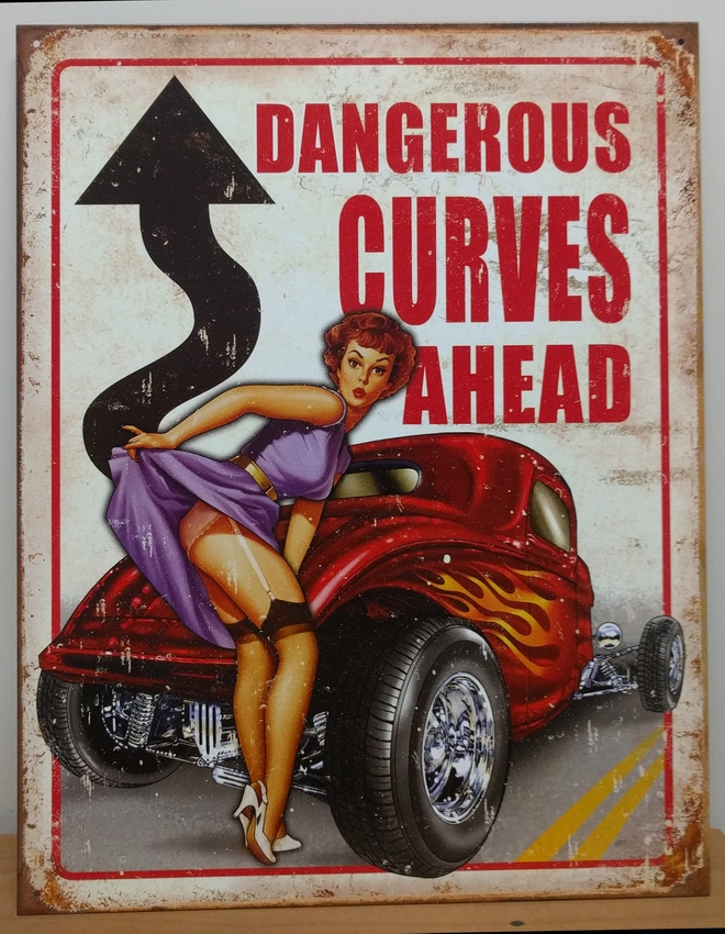 アメリカン ブリキ看板 ピンナップガール Dangerous Curves [ギフト/プレゼント/ご褒美] ahead サイズ：W31.6cmxH41.5cm 感謝価格 新品